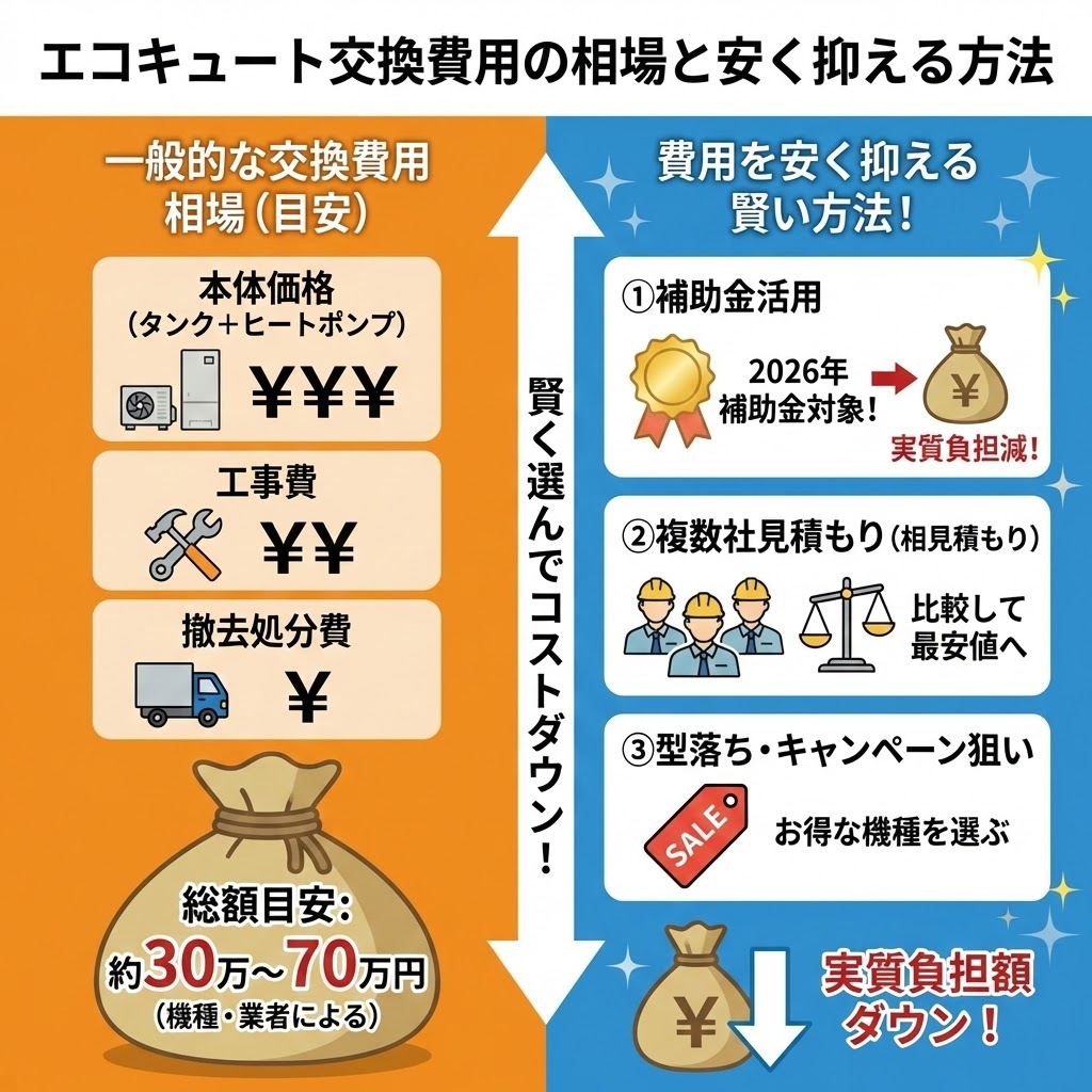 エコキュート交換費用の相場と、費用を安く抑える方法を比較したイラスト。左側では本体価格、工事費、撤去費を含む一般的な総額目安（約30万〜70万円）を示し、右側では2026年補助金の活用、複数社での相見積もり、型落ち・キャンペーン狙いといった賢いコストダウン方法を解説。賢い選択で実質負担額を減らせることを強調している。
