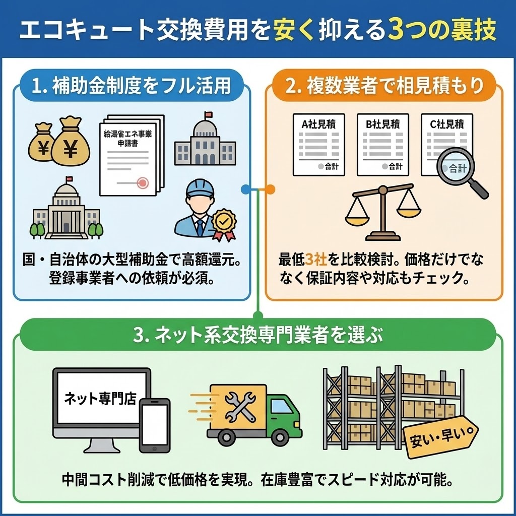 【図解】エコキュート交換費用を安く抑える3つの裏技。1.補助金制度のフル活用（給湯省エネ事業など）、2.複数業者での相見積もり（3社比較・保証確認）、3.ネット系交換専門業者の選択（中間コスト削減・スピード対応）による費用削減方法をイラストで解説。