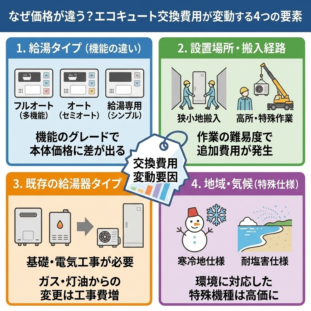 【図解】なぜ価格が違う？エコキュート交換費用が変動する4つの要素。1.給湯タイプ（フルオート・オート・給湯専用の機能差）、2.設置場所・搬入経路（狭小地や高所作業による追加費用）、3.既存の給湯器タイプ（ガス・灯油からの変更に伴う基礎・電気工事）、4.地域・気候（寒冷地・耐塩害仕様の特殊機種）が交換費用総額に与える影響をイラストで解説。