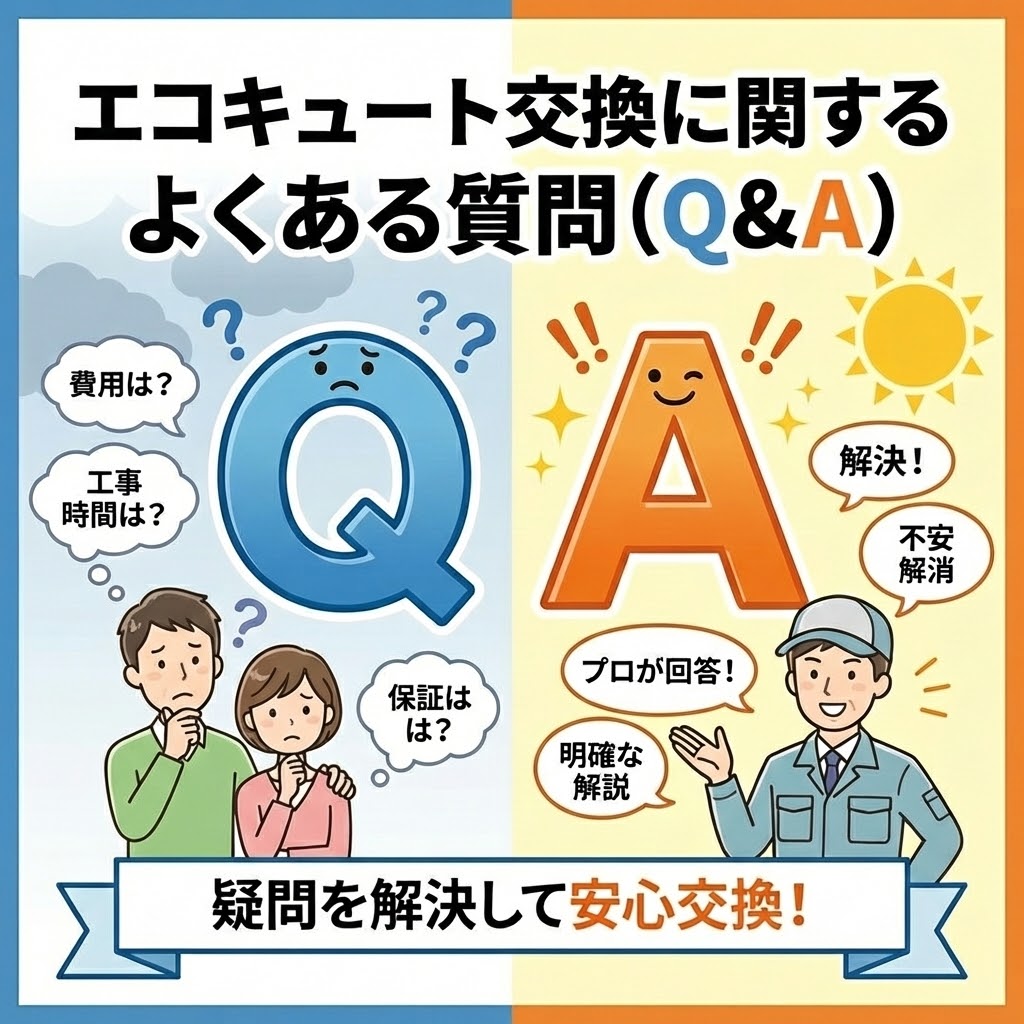 【図解】エコキュート交換に関するよくある質問（Q&A）。左側の「Q」では費用、工事時間、保証について悩む夫婦の様子、右側の「A」ではプロが明確に回答し不安を解消する様子を対比させたイラスト。疑問を解決して安心して交換へ進むためのQ&Aコーナーであることを示すアイキャッチ画像。
