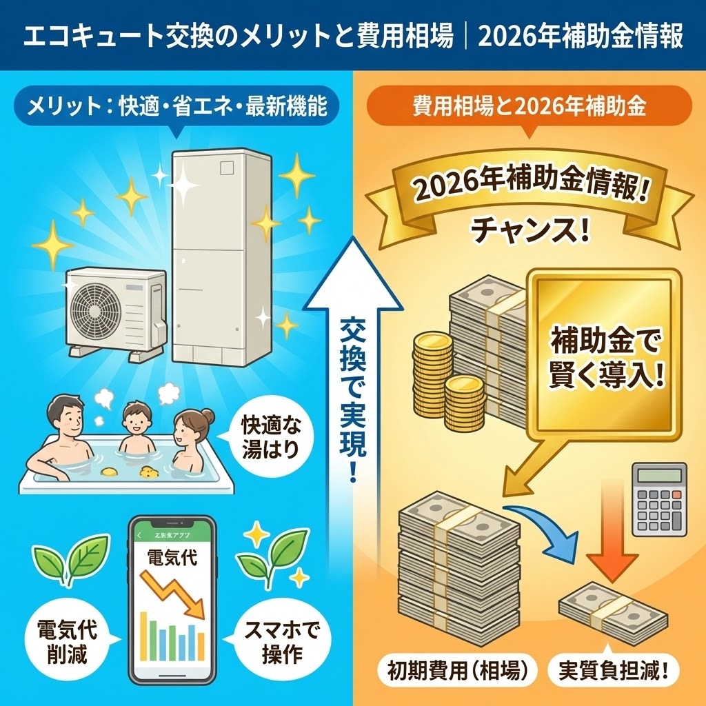 エコキュート交換のメリットと費用相場、2026年の補助金情報を示したイラスト。左側は新品への交換による「快適・省エネ・最新機能」のメリットを、右側は初期費用の相場と2026年補助金を活用した実質負担減の仕組みを、中央の矢印で「交換で実現！」と結びつけて表現している。
