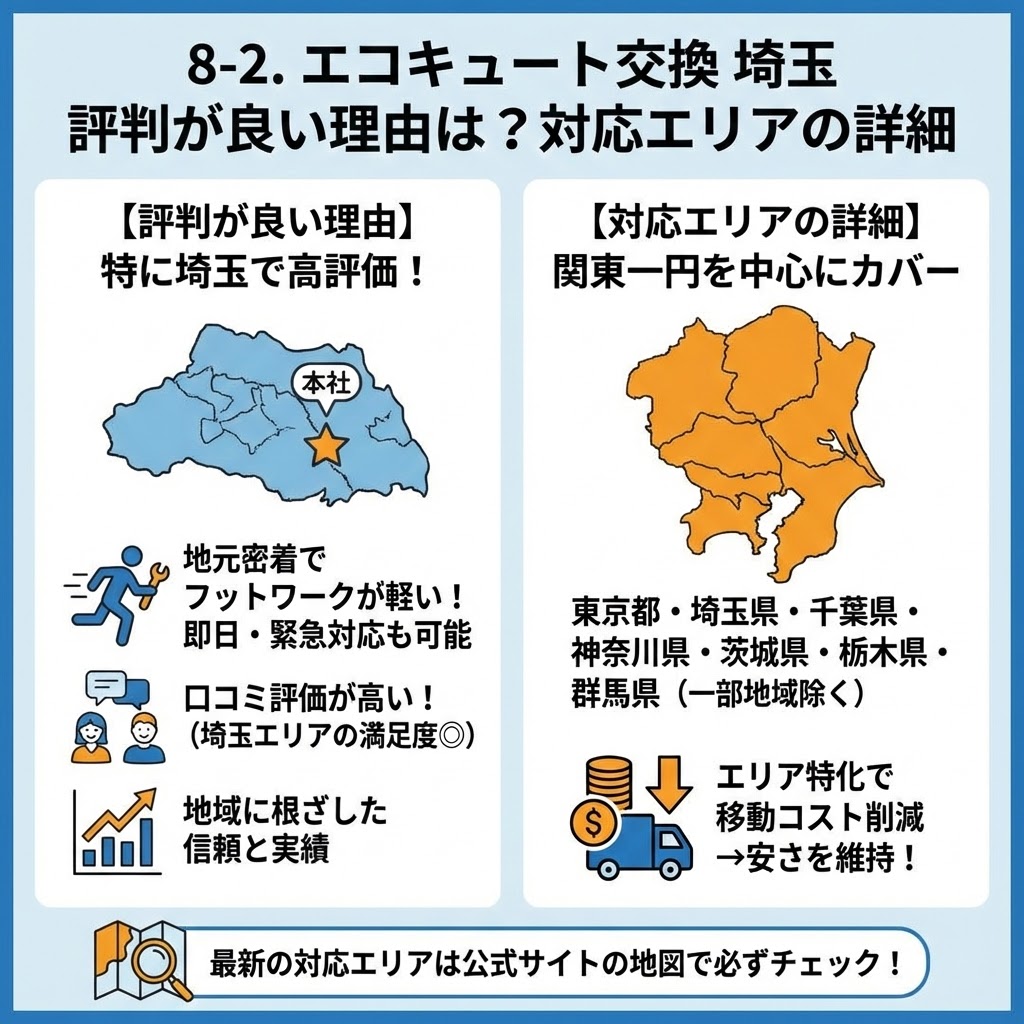 「8-2. エコキュート 交換 埼玉 評判が良い理由は？対応エリアの詳細」と題したインフォグラフィック。左側の「【評判が良い理由】特に埼玉で高評価！」パネルでは、埼玉県地図に本社の位置を示し、地元密着での迅速な対応、高い口コミ評価、地域での信頼と実績をアイコンと共に説明。右側の「【対応エリアの詳細】関東一円を中心にカバー」パネルでは、関東地方の地図（東京・埼玉・千葉・神奈川・茨城・栃木・群馬）を表示し、エリア特化によるコスト削減と安さの維持を解説。下部には公式サイトでの最新エリア確認を促すメッセージがある。