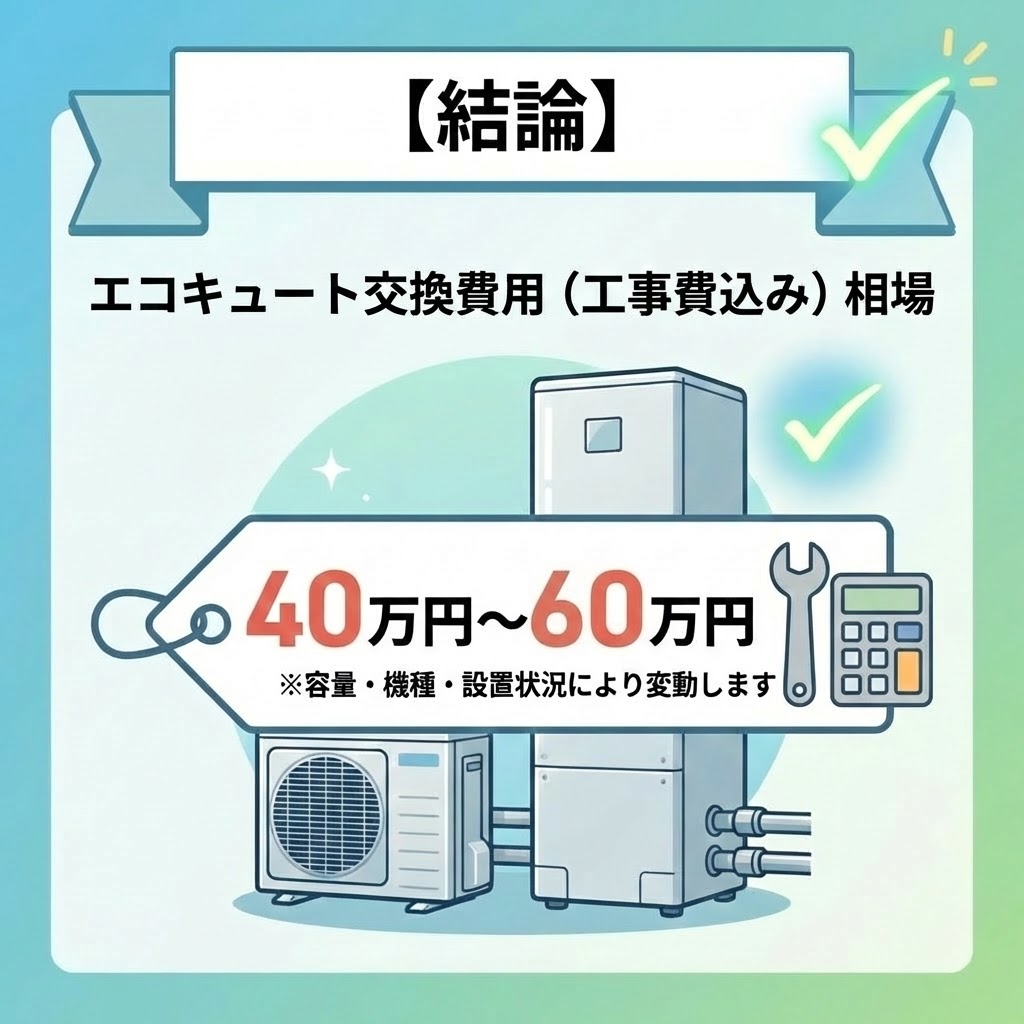 【結論】エコキュート交換費用（工事費込み）の相場を示すイラスト。エコキュート本体（タンクと室外機）、工具（レンチ）、電卓のアイコンと共に、大きなタグに「40万円～60万円」と表示され、チェックマークが付いている。下部に「※容量・機種・設置状況により変動します」という注釈が記載されている。
