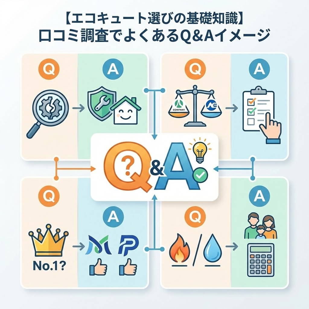 【エコキュート選びの基礎知識】口コミ調査でよくあるQ&Aイメージと題した図解。中央に大きなQ&Aのロゴがあり、周囲の4つのパネルでよくある質問と回答の概要をアイコンで示している。左上は「故障の不安（壊れた歯車）」に対し「信頼できる施工と保証（盾と家）」が回答。右上は「業者選び（天秤）」に対し「自分に合ったチェックリストでの比較」が回答。左下は「人気No.1メーカー（王冠）」に対し「主要メーカー（M社、P社のロゴ風）が支持されている」ことが回答。右下は「ガスと電気の比較（火と水）」に対し「家族構成やコスト（家族と電卓）で判断」が回答となっていることを表現している。