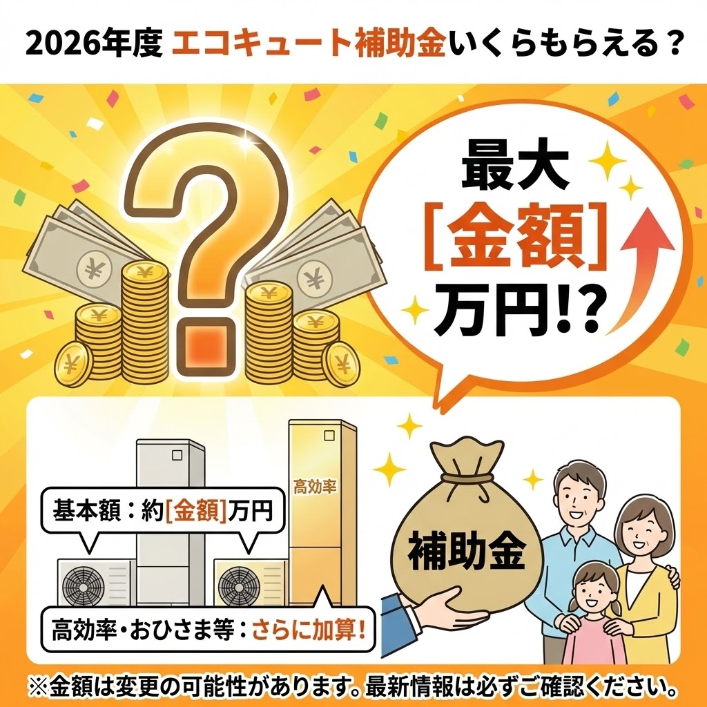 2026年度のエコキュート交換で受け取れる補助金額を示すイラスト。「2026年度エコキュート補助金いくらもらえる？」という問いかけと、大きな「？マーク」と「最大[金額]万円！？」の吹き出し、そして「基本額」「高効率・おひさま等さらに加算！」といった補助金の仕組みを、お金のイラストと喜ぶ家族の姿で分かりやすく表現している。