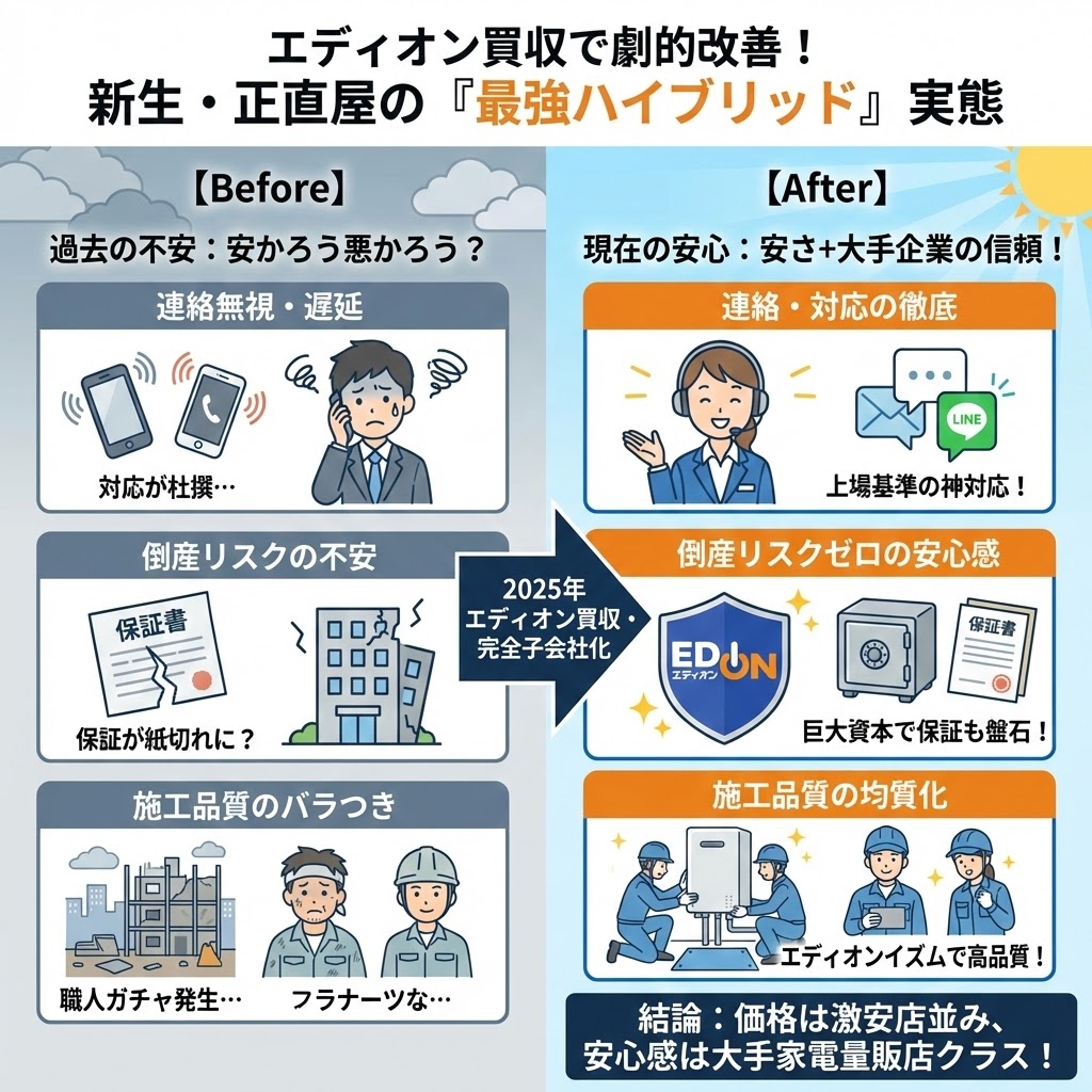 2025年のエディオン買収による、正直屋の口コミ・評判の劇的な改善を示すBefore/Afterの比較図。過去の不安要素（連絡無視、倒産リスク、施工品質のバラつき）が解消され、現在の安心感（連絡徹底、倒産リスクゼロ、施工品質均質化）へと進化した「最強ハイブリッド業者」の実態を図解。