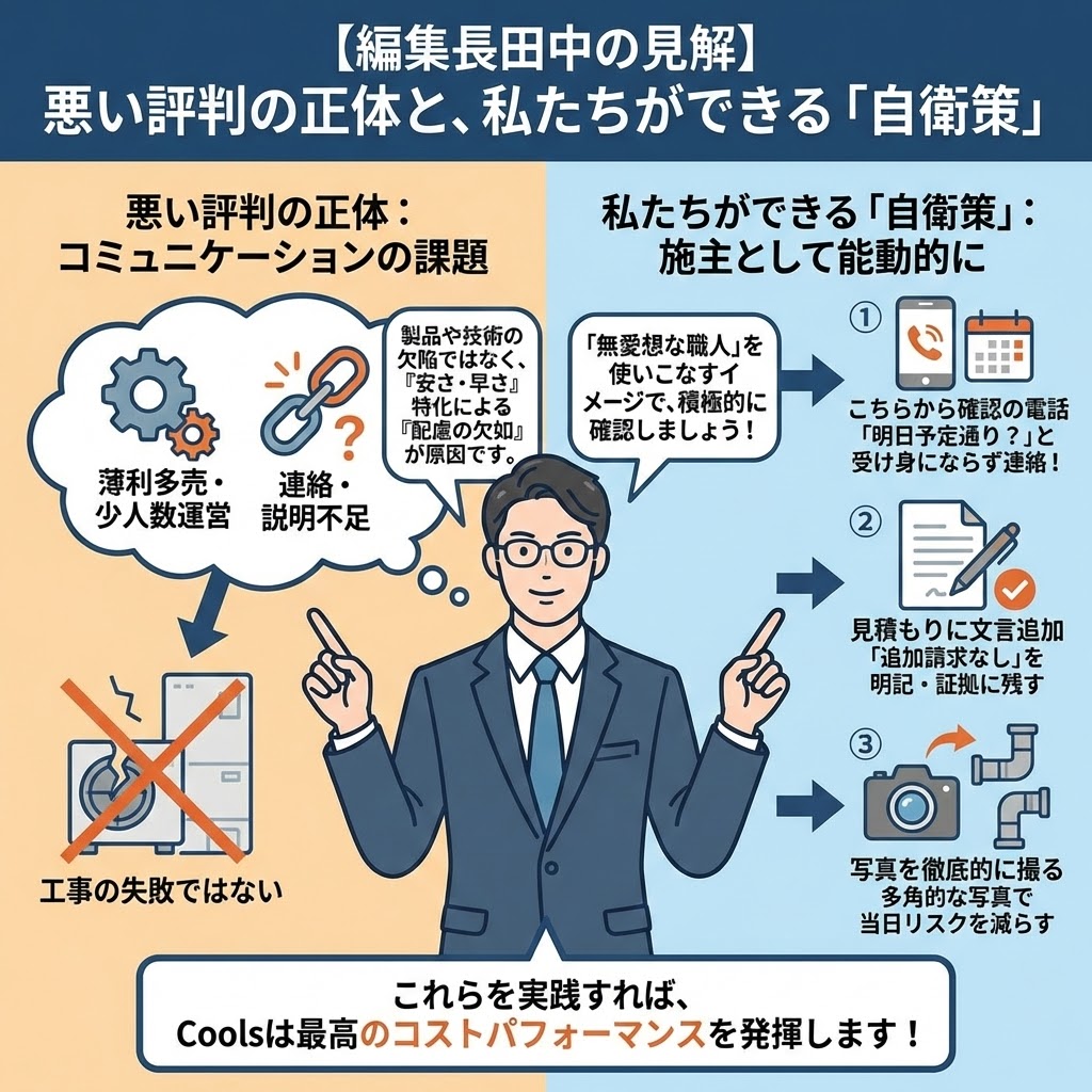 編集長田中によるCools（クールス）エコキュートの悪い評判の真実とユーザーができる自衛策の解説イラスト。左側では、悪い評判の正体が製品や工事の欠陥ではなく、薄利多売・少人数運営による「連絡・説明不足」といったコミュニケーションの課題にあると分析。右側では、施主として能動的に行うべき3つの自衛策（こちらから確認の電話、見積もりへの文言追加、徹底的な写真撮影）を図解し、これらを実践することで最高のコストパフォーマンスを発揮すると結論付けている。