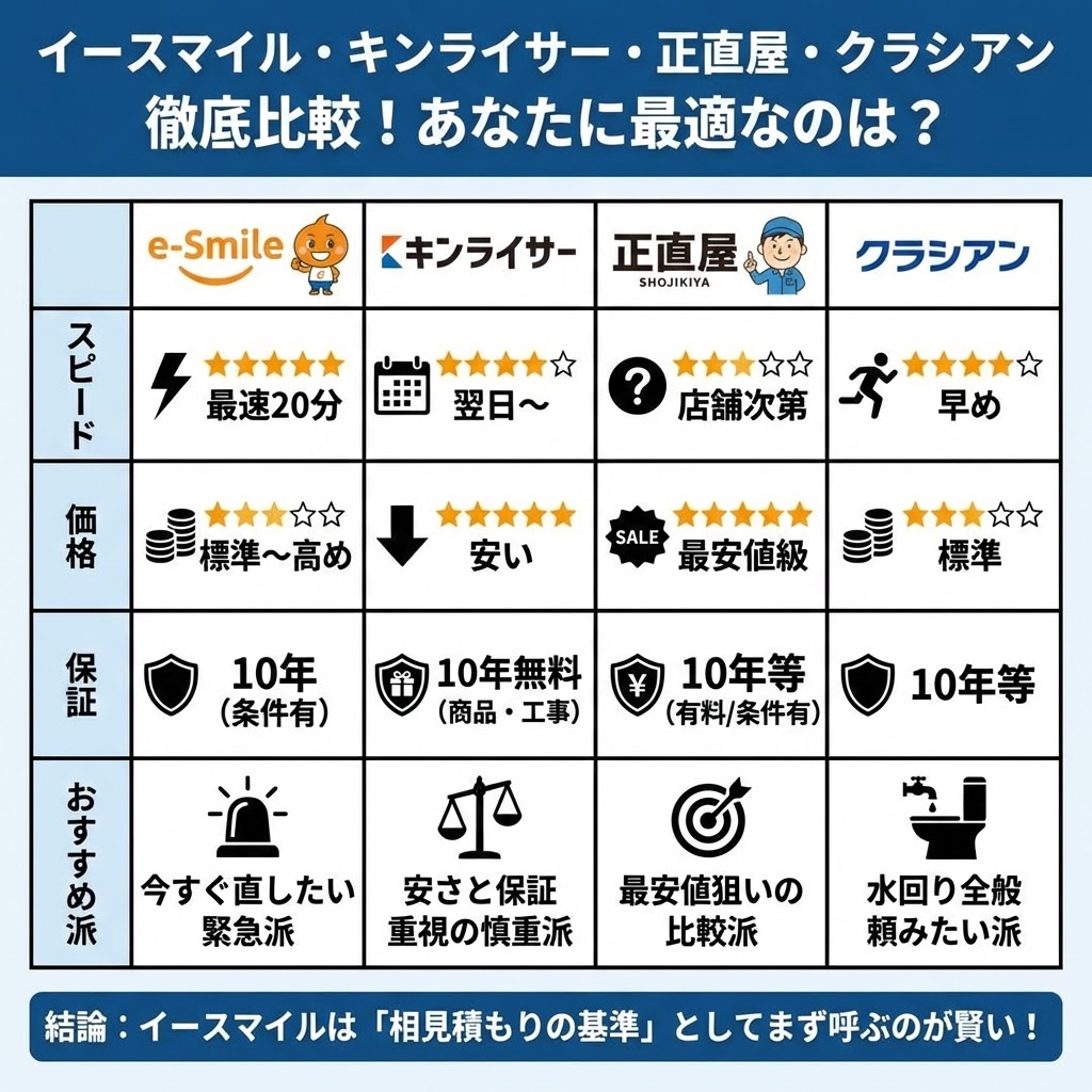イースマイル、キンライサー、正直屋、クラシアンの給湯器交換業者4社徹底比較表。スピード、価格、保証内容、おすすめなタイプ（緊急派、慎重派、比較派、水回り全般派）で各社の特徴を星評価とアイコンで一覧化。結論として「イースマイルは相見積もりの基準としてまず呼ぶのが賢い」と明記されている。