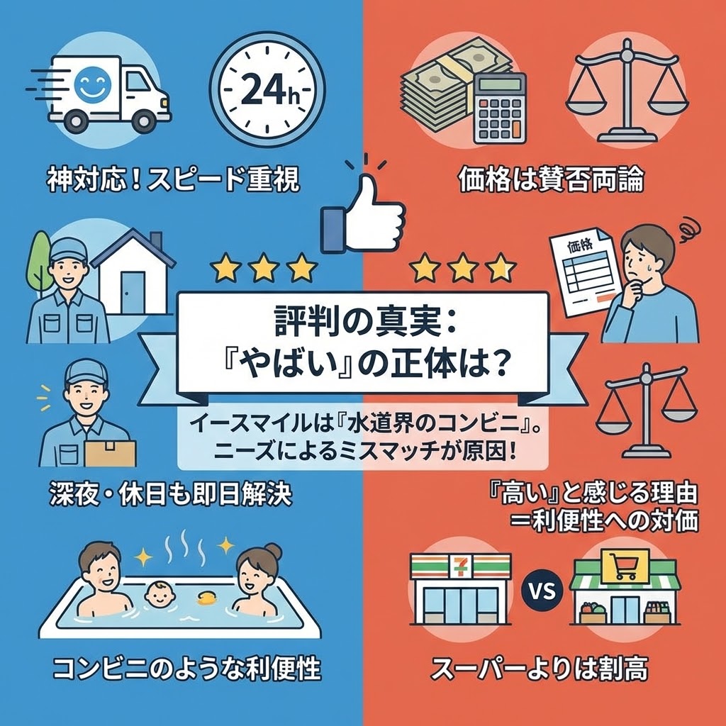 「イースマイル給湯器の評判の真実」と題した図解イラスト。左側は青色で「神対応！スピード重視」「深夜・休日も即日解決」「コンビニのような利便性」と良い評価。右側は赤色で「価格は賛否両論」「高いと感じる理由＝利便性への対価」「スーパーよりは割高」と悪い評価の理由。「やばい」の正体はニーズによるミスマッチであると説明している。