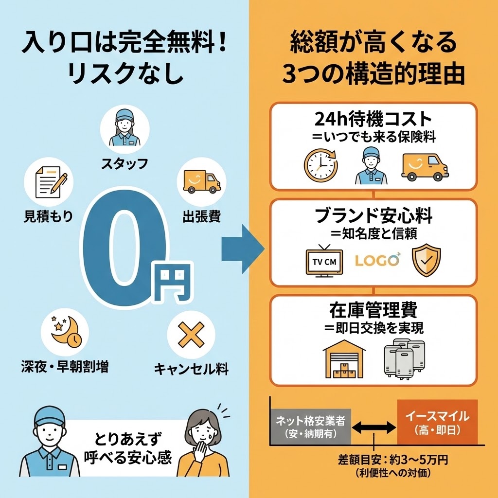 イースマイルの給湯器交換費用が高い理由を解説した図解イラスト。左側は「入り口は完全無料！リスクなし」として見積もり、出張費、深夜割増、キャンセル料が0円であることを示し、右側は「総額が高くなる3つの構造的理由」として24時間待機コスト、ブランド安心料、在庫管理費を図示。ネット格安業者との差額目安も記載。