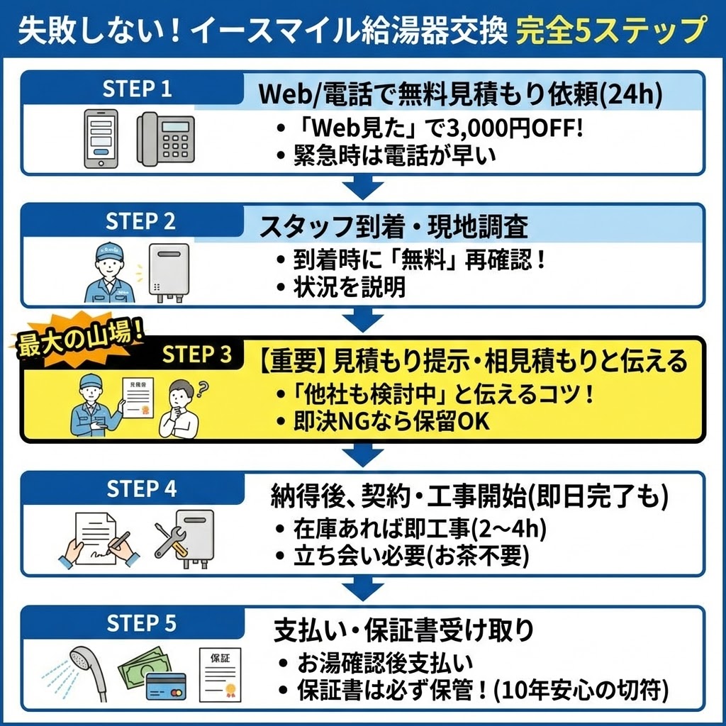 「失敗しない！イースマイル給湯器交換 完全5ステップ」と題したフローチャート図解イラスト。STEP1：Web/電話で無料見積もり依頼、STEP2：スタッフ到着・現地調査、STEP3：【最大の山場】見積もり提示・相見積もりと伝える、STEP4：納得後、契約・工事開始、STEP5：支払い・保証書受け取りまでの流れと各ステップの重要ポイントを解説している。