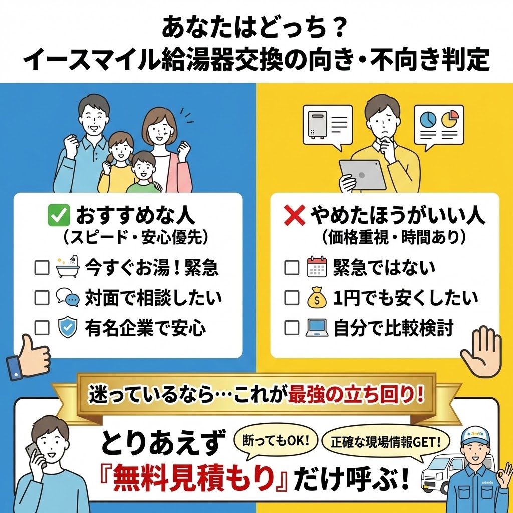 「あなたはどっち？イースマイル給湯器交換の向き・不向き判定」と題した比較イラスト。左側は「おすすめな人（スピード・安心優先）」として緊急性や対面相談を重視するタイプ、右側は「やめたほうがいい人（価格重視・時間あり）」として安さや比較検討を重視するタイプを図示。下部には結論として「迷っているなら、とりあえず『無料見積もり』だけ呼ぶのが最強の立ち回り」であり、断ってもOKだと説明している。