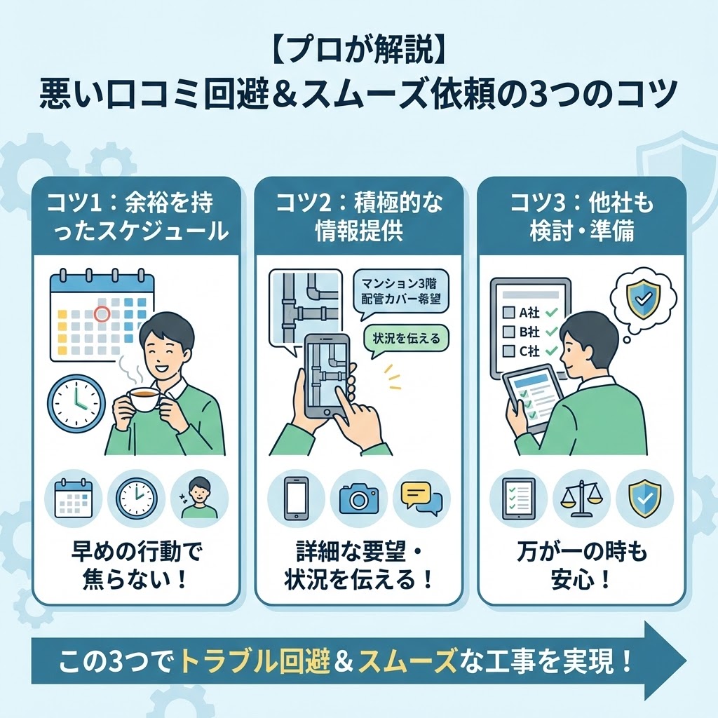 【プロが解説】悪い口コミ回避＆スムーズ依頼の3つのコツというタイトルのインフォグラフィック。左から「コツ1：余裕を持ったスケジュール」（早めの行動で焦らない）、「コツ2：積極的な情報提供」（詳細な要望・状況を伝える）、「コツ3：他社も検討・準備」（万が一の時も安心）という3つのポイントが、それぞれ関連するイラスト（カレンダー、スマホでの写真撮影、比較リスト）と共に解説されている。下部には「この3つでトラブル回避＆スムーズな工事を実現！」というまとめのメッセージがある。