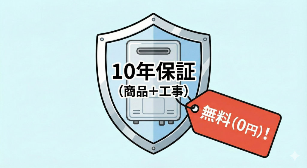 商品と工事の10年保証が無料（0円）で付いてくるお得な業者を選ぶメリットを示す盾とタグのイラスト
