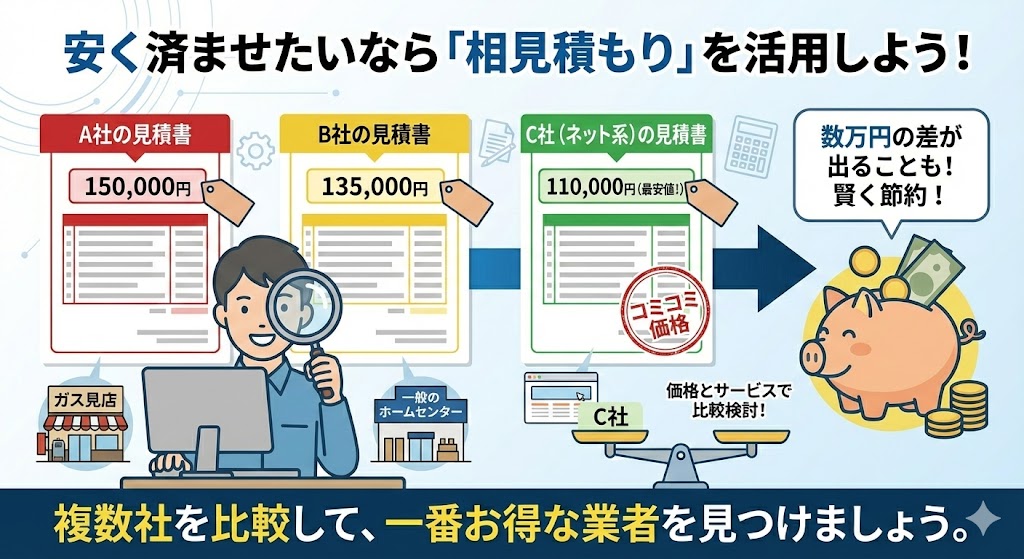 ガス給湯器交換費用を安く抑えるために「相見積もり」の活用を推奨するイラスト。A社（ガス見店・15万円）、B社（ホームセンター・13.5万円）、C社（ネット系・11万円最安値コミコミ価格）の異なる見積書を比較検討することで、価格とサービスを見極め、数万円の差が出て賢く節約できるメリットを、豚の貯金箱と天秤のアイコンを用いて分かりやすく解説している。
