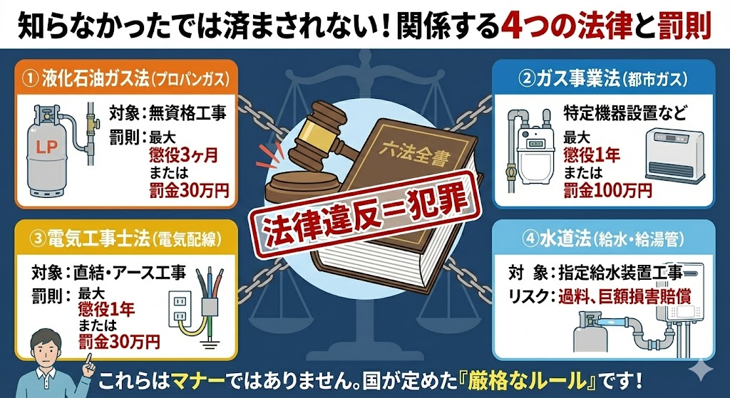 ガス給湯器の無資格DIY交換に関係する4つの法律と罰則を解説し、法律違反は犯罪であると警告するイラスト。①液化石油ガス法（プロパンガス、最大懲役3ヶ月/罰金30万円）、②ガス事業法（都市ガス、最大懲役1年/罰金100万円）、③電気工事士法（電気配線、最大懲役1年/罰金30万円）、④水道法（給水・給湯管、過料・巨額損害賠償リスク）の対象行為と罰則が詳細に図示されている。