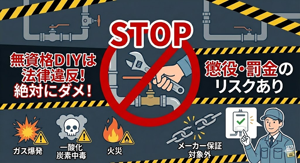 ガス給湯器の無資格DIY交換は法律違反であり、絶対に行わないよう警告するイラスト。中央の「STOP」サインと共に、ガス爆発、一酸化炭素中毒、火災の危険性、懲役・罰金のリスク、メーカー保証対象外となることが図示されている。