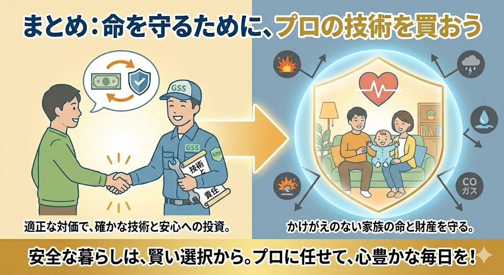 ガス給湯器交換の記事まとめイラスト。「命を守るために、プロの技術を買おう」というテーマのもと、有資格者のプロ（GSS）に適正な対価を支払って依頼することは「確かな技術と安心への投資」であり、その結果としてガス爆発や一酸化炭素中毒などの様々なリスクから「かけがえのない家族の命と財産を守る」ことができる様子が描かれている。