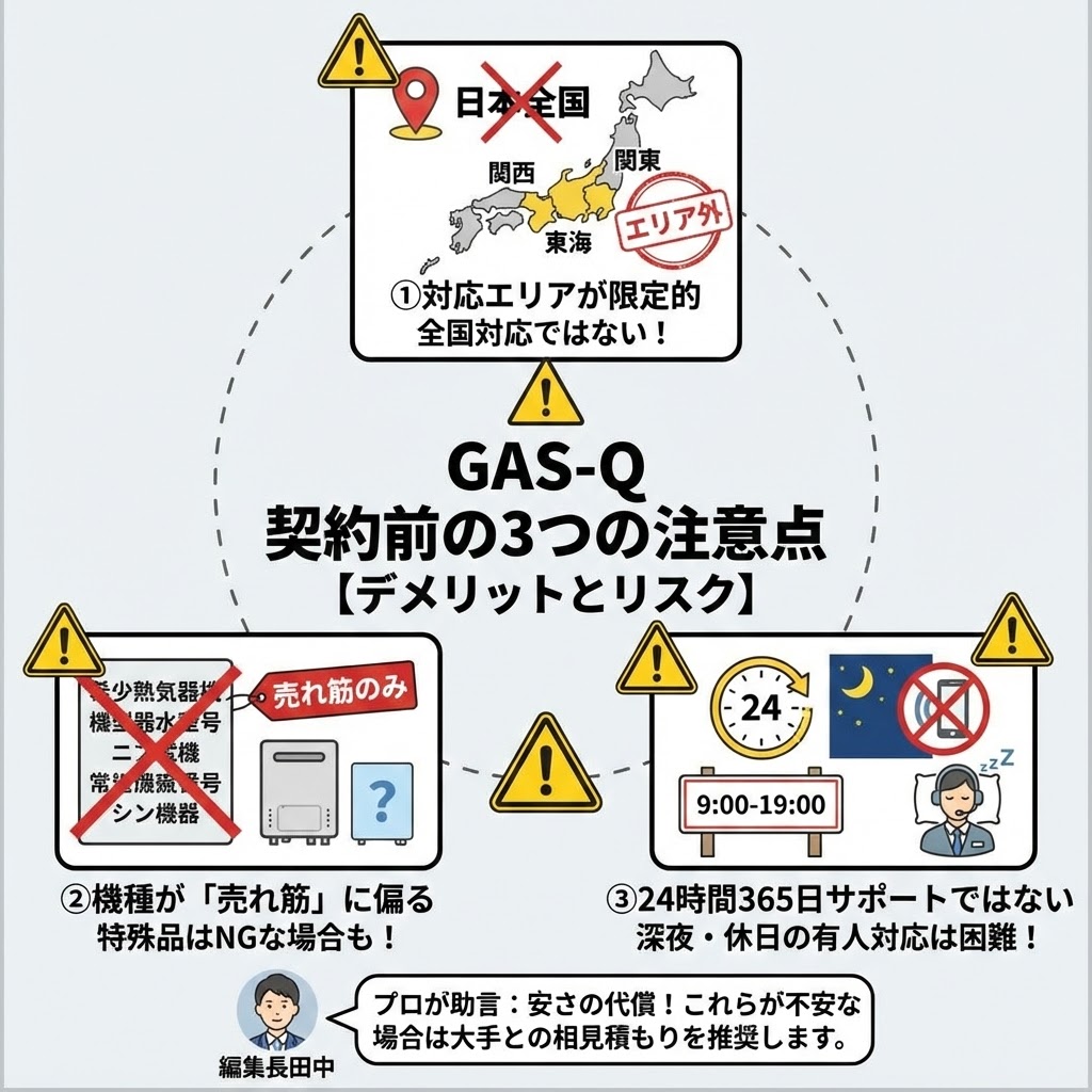 GAS-Qと契約する前に知っておくべき3つのデメリットとリスクをまとめた注意喚起イラスト。中央のタイトルを囲むように、警告マークとともに「①対応エリアが限定的（全国対応ではない）」「②機種が売れ筋に偏る（特殊品はNGな場合も）」「③24時間365日サポートではない（深夜・休日の有人対応は困難）」の3点が図解されている。下部には編集長田中の「プロが助言：安さの代償！これらが不安な場合は大手との相見積もりを推奨します。」というコメントが添えられている。