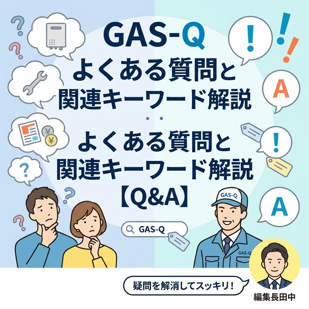 GAS-Q（ガスキュー）の「よくある質問と関連キーワード解説【Q&A】」を表現したイラスト。左側で給湯器交換の費用やチラシの内容などに疑問（？）を抱えて悩むユーザーに対し、右側でGAS-Qのスタッフと編集長田中が明確な回答（A）と解決（！）を示し、「疑問を解消してスッキリ！」とする様子を視覚的に描いている。