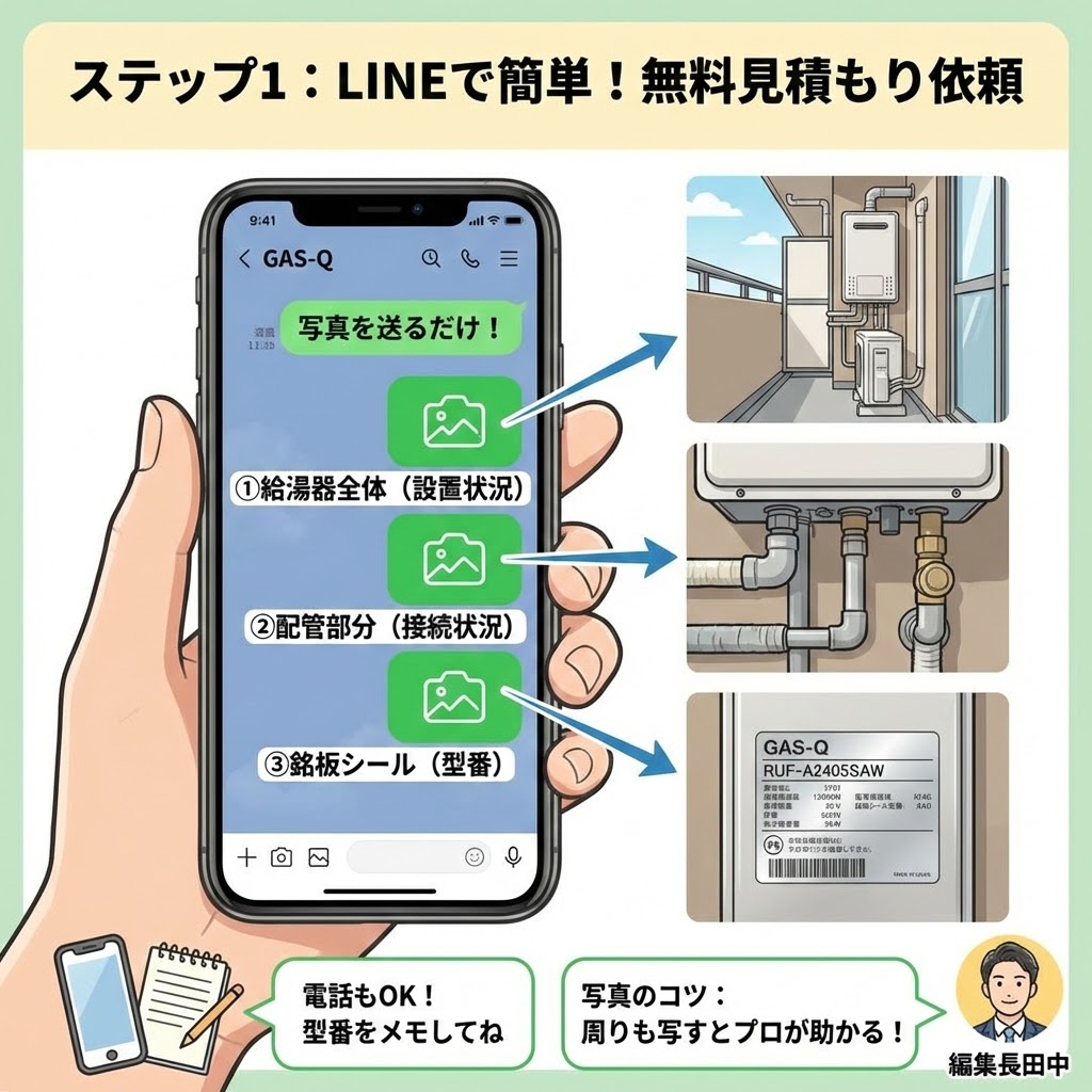 GAS-Q（ガスキュー）の無料見積もりをLINEで依頼する「ステップ1」の解説イラスト。スマホのLINE画面に「写真を送るだけ！」と表示され、必要な3枚の写真（①給湯器全体、②配管部分、③銘板シール）の撮影例が矢印で示されている。「電話もOK」という案内や、編集長田中の「写真のコツ：周りも写すとプロが助かる！」というアドバイスも記載されている。