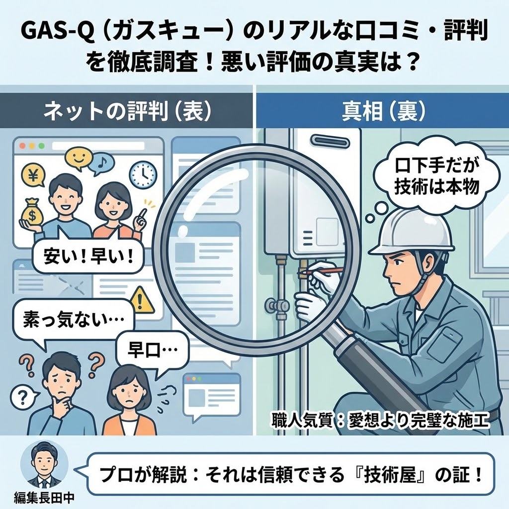 GAS-Q（ガスキュー）のリアルな口コミ・評判とその真相を調査したイラスト。左側の「ネットの評判（表）」では「安い！早い！」という良い声と「素っ気ない…」「早口…」という悪い声が混在している。右側の「真相（裏）」を虫眼鏡で拡大すると、口下手だが「職人気質：愛想より完璧な施工」で黙々と作業する職人の姿が描かれ、編集長田中の「プロが解説：それは信頼できる『技術屋』の証！」というコメントが添えられている。