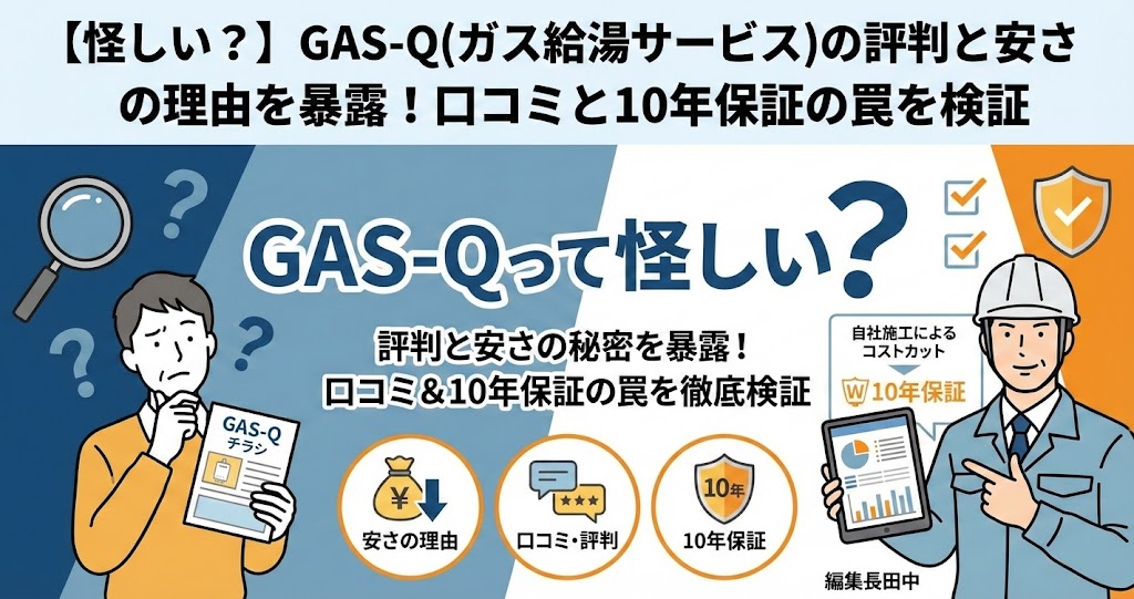 GAS-Q（ガス給湯サービス）の評判と安さの理由を暴露！口コミと10年保証の罠を検証する記事のアイキャッチ画像。チラシを見て「怪しい？」と不安なユーザーと、プロの編集長が安さの秘密や保証内容を解説する様子を描いたイラスト。