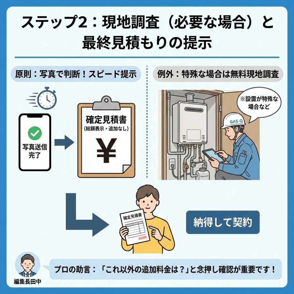 GAS-Q（ガスキュー）の利用手順ステップ2「現地調査と最終見積もりの提示」を解説したイラスト。原則として、LINEなどで送った写真をもとに、追加料金なしの「確定見積書」がスピーディーに提示される流れを図解。例外的に設置状況が特殊な場合は、スタッフによる無料の現地調査が行われる様子も描かれている。下部にはユーザーが納得して契約する姿と、編集長田中の「『これ以外の追加料金は？』と念押し確認が重要です！」というアドバイスが添えられている。