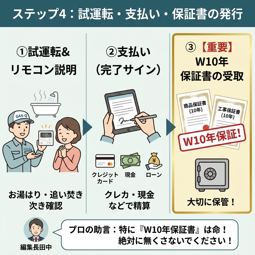GAS-Q（ガスキュー）の利用手順ステップ4「試運転・支払い・保証書の発行」を解説したイラスト。左から「①試運転＆リモコン説明（お湯はり確認）」「②支払い（完了サイン・クレカ等）」「③【重要】W10年保証書の受取（商品・工事保証書）」の3つの流れが矢印で示されている。特に保証書の重要性が強調されており、編集長田中の「特に『W10年保証書』は命！絶対に無くさないでください！」という強いアドバイスが添えられている。
