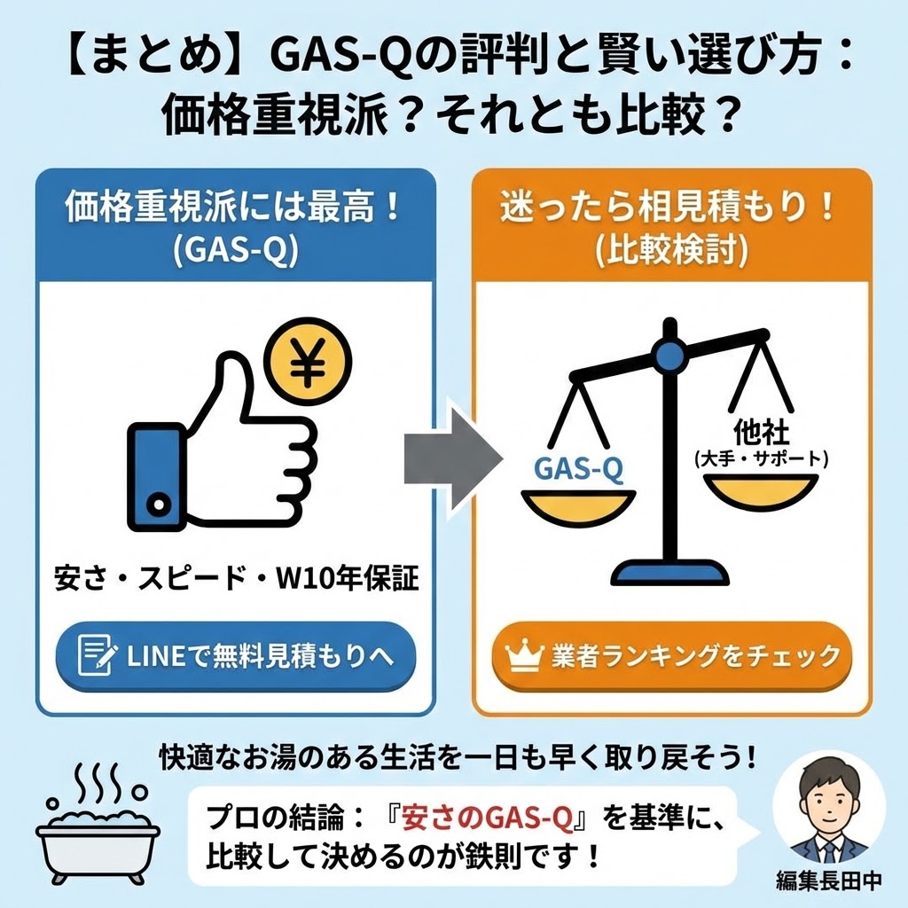 【まとめ】GAS-Q（ガスキュー）の評判と賢い選び方を解説したイラスト。「価格重視派には最高！」としてGAS-Qの安さ・スピード・W10年保証を推奨し、LINE見積もりへ誘導する左パネルと、「迷ったら相見積もり！」としてGAS-Qと他社を天秤にかけて比較検討し、業者ランキングチェックへ誘導する右パネルで構成。下部には「快適なお湯のある生活を一日も早く取り戻そう！」というメッセージと、編集長田中の「プロの結論：『安さのGAS-Q』を基準に、比較して決めるのが鉄則です！」というアドバイスが記載されている。
