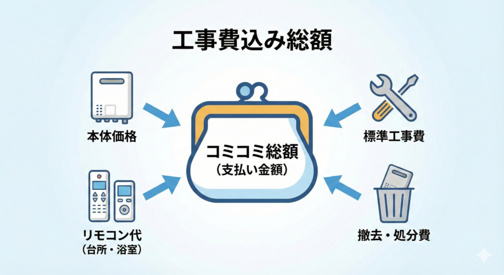 ガス給湯器の工事費込み総額（コミコミ価格）の内訳図解。本体価格、標準工事費、リモコン代、撤去・処分費がすべて含まれていることを示すイラスト。