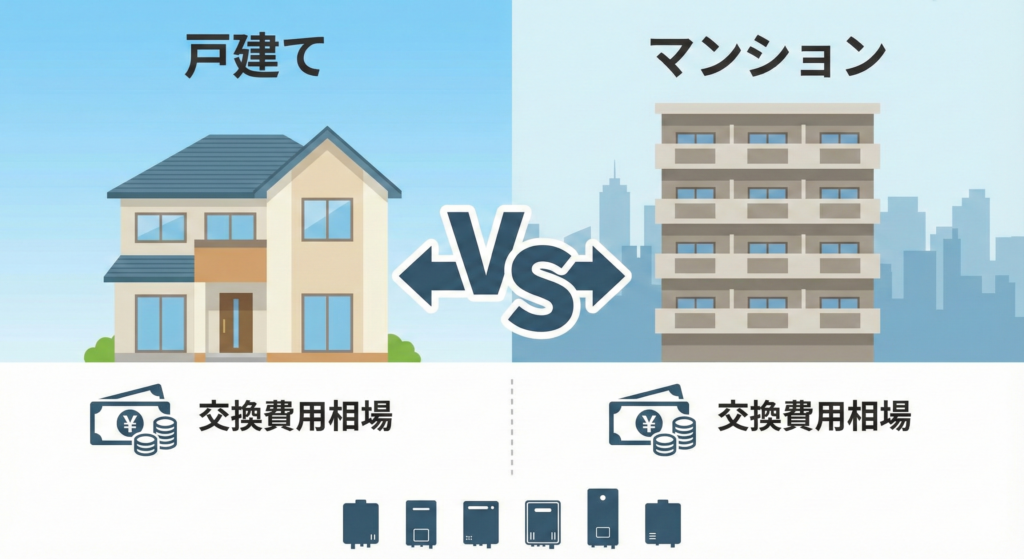 ガス給湯器交換費用の相場比較：戸建てとマンションの違いを図解したイラスト