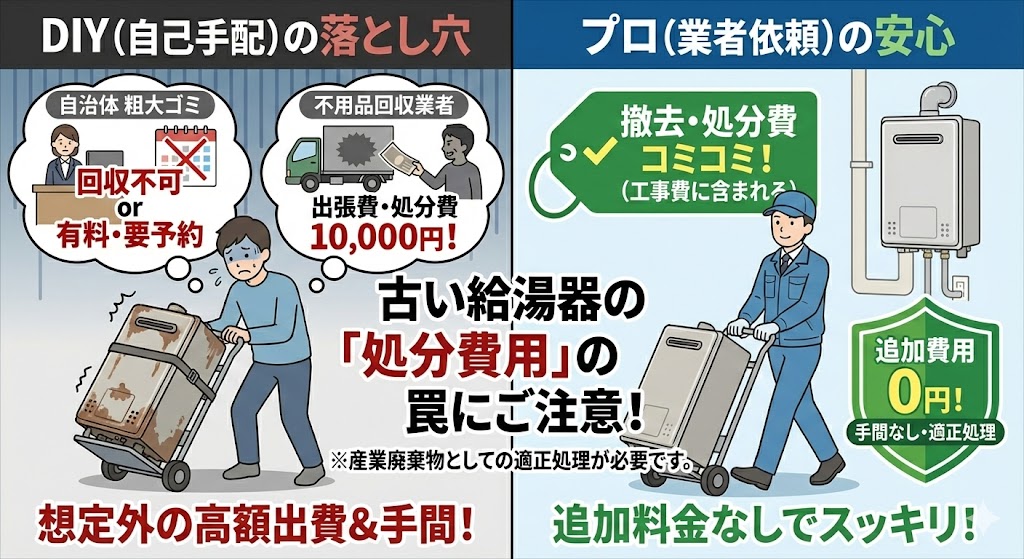 古いガス給湯器の「処分費用」に関するDIYの落とし穴とプロの安心を比較したイラスト。DIY（左側）では自治体での回収不可や不用品回収業者による高額出費（1万円）の罠が描かれ、プロ依頼（右側）では工事費に撤去・処分費が含まれ追加費用0円で適正処理されるメリットが対比されている。「産業廃棄物としての適正処理が必要」との注意書きもある。
