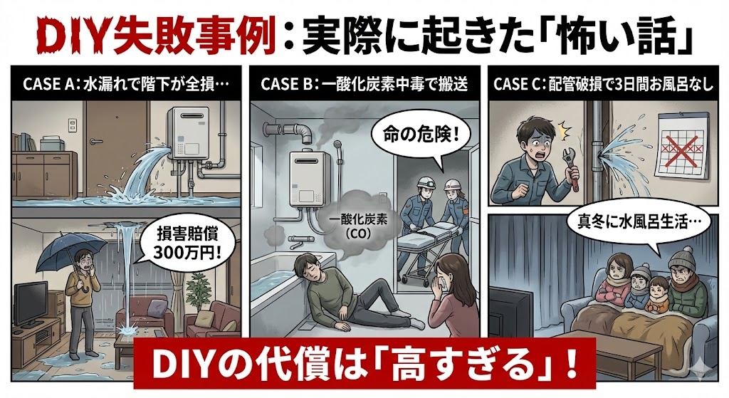 「DIY失敗事例：実際に起きた『怖い話』」と題された、ガス給湯器DIYの危険性を伝える3コマ漫画イラスト。CASE Aでは水漏れによる階下への損害賠償300万円、CASE Bでは一酸化炭素中毒による救急搬送と命の危険、CASE Cでは配管破損による真冬の3日間お風呂なし生活が描かれ、「DIYの代償は『高すぎる』！」と強く警告している。