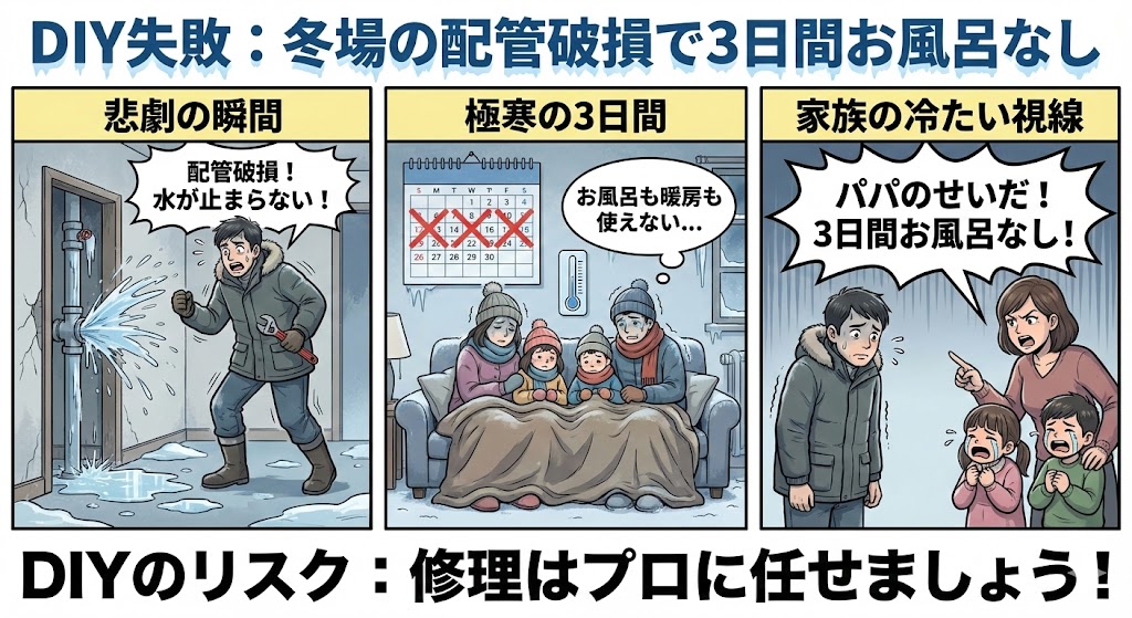 「DIY失敗：冬場の配管破損で3日間お風呂なし」と題した3コマ漫画イラスト。1コマ目では冬の作業中に配管を破損させ水が噴き出しパニックになる様子、2コマ目では極寒の中3日間お風呂も暖房も使えず家族で震える様子、3コマ目では家族から冷たい視線を浴びて責められる父親が描かれ、最後に「DIYのリスク：修理はプロに任せましょう！」と警告している。