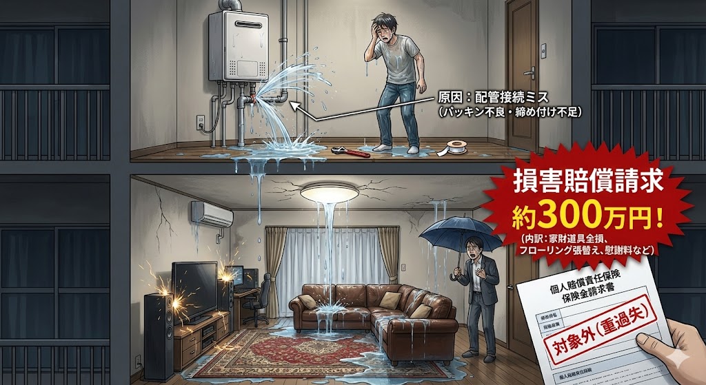 ガス給湯器のDIY失敗（配管接続ミス）により水漏れが発生し、マンションの階下住居が水浸しになっているイラスト。天井から水が漏れ、高級家具や電化製品が全損している。これにより「損害賠償請求 約300万円」が発生し、DIYによる「重過失」のため「個人賠償責任保険 対象外」となることが詳細に示されている。