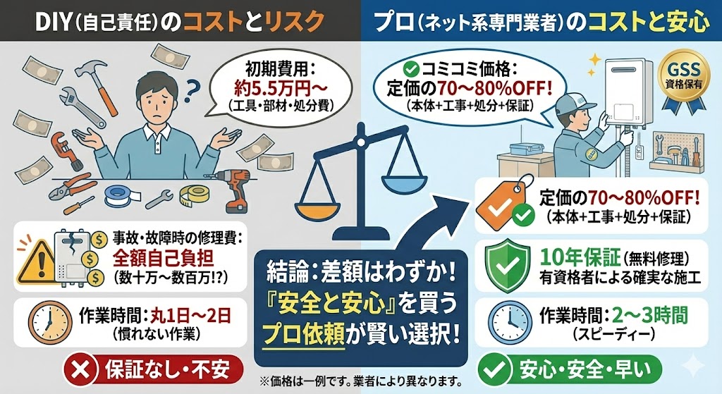 ガス給湯器交換を「DIY（自己責任）」と「プロ（ネット系専門業者）」で行った場合の費用とリスクを比較したイラスト。DIY（左側）は工具・部材・処分費で初期費用約5.5万円かかり、修理費は全額自己負担、保証も時間もかかるリスクがある。一方、プロ依頼（右側）は本体・工事・処分・保証コミコミで定価の70～80%OFFと安く、10年保証、有資格者施工で安心・スピーディー。「結論：差額はわずか！安全と安心を買うプロ依頼が賢い選択」と天秤を用いて解説している。