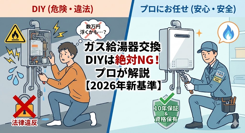 ガス給湯器交換のDIYは危険・違法（左図）と、有資格者のプロにお任せする安心・安全（右図）を比較したイラスト。「DIYは絶対NG！プロが解説【2026年新基準】」というタイトルテキストが入ったアイキャッチ画像。