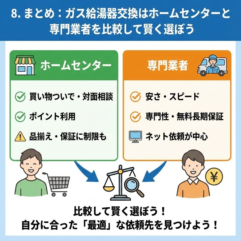 「8. まとめ：ガス給湯器交換はホームセンターと専門業者を比較して賢く選ぼう」の図解イラスト。ホームセンターのメリット（買い物ついで・対面相談、ポイント利用）と注意点、専門業者のメリット（安さ・スピード、専門性・無料長期保証）を左右で比較し、天秤のアイコンと共に「比較して賢く選ぼう！自分に合った『最適』な依頼先を見つけよう！」と結論付けている。