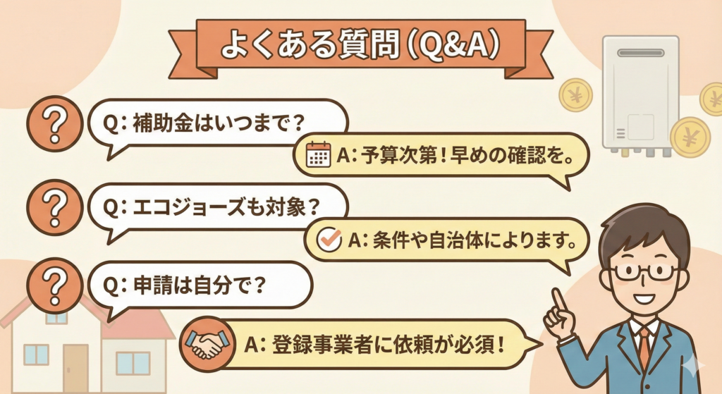 ガス給湯器交換の補助金に関するよくある質問(Q&A)の解説イラスト。「補助金はいつまで？」「エコジョーズも対象？」「申請は自分で？」という質問と、それぞれの回答ポイントがアドバイザーのイラストと共にまとめられている。
