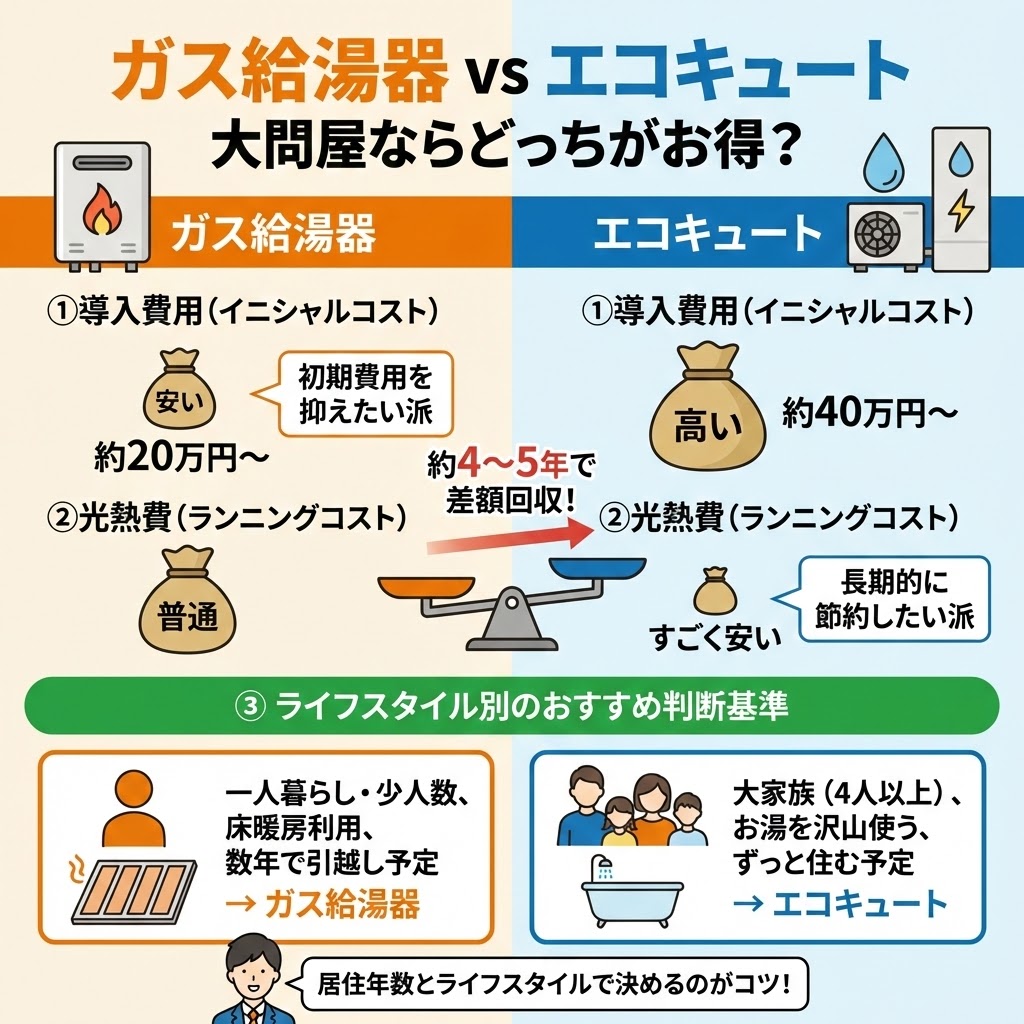 大問屋におけるガス給湯器とエコキュートの導入費用（イニシャルコスト）と光熱費（ランニングコスト）の比較図。初期費用はガスが安いが、光熱費はエコキュートが圧倒的に安く約4〜5年で差額を回収できることを天秤のイラストで表現。さらにライフスタイル別（一人暮らし・短期居住ならガス、大家族・長期居住ならエコキュート）のおすすめ判断基準も解説したインフォグラフィック。