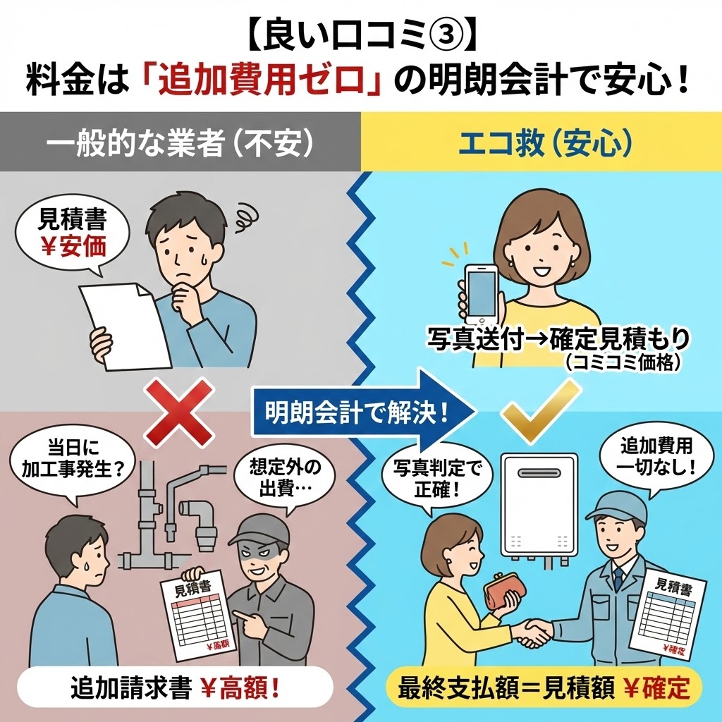 【良い口コミ③】料金は「追加費用ゼロ」の明朗会計で安心！と題した比較図解。左側の「一般的な業者（不安）」では、安い見積書から当日に追加工事が発生し、高額な追加請求書を渡されて困惑する様子を×印で表現。右側の「エコ救（安心）」では、写真送付でコミコミ価格の確定見積もりが出て、写真判定で正確なため追加費用は一切なく、最終支払額が見積額と一致して安心して握手する様子を✓印で表現。中央には「明朗会計で解決！」と記されている。