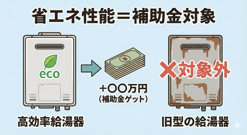 補助金対象となる高効率給湯器（エコジョーズ・エネファーム）と対象外の古い機種の比較イラスト