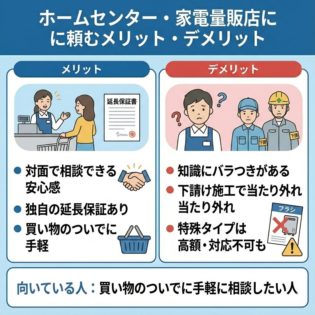 ホームセンターや家電量販店にマンションの給湯器交換を依頼する際のメリットとデメリットを図解したイラスト。メリットとして「対面相談の安心感」「独自の延長保証」「買い物のついでに手軽」な点、デメリットとして「店員の知識のバラつき」「下請け施工による品質の差」「特殊タイプは高額または対応不可の可能性」を挙げ、手軽に相談したい人に向いていると説明している。