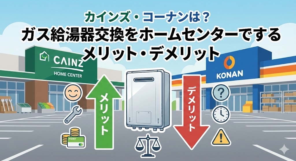 カインズ・コーナンなどホームセンターでガス給湯器交換をするメリット・デメリットの解説イラスト