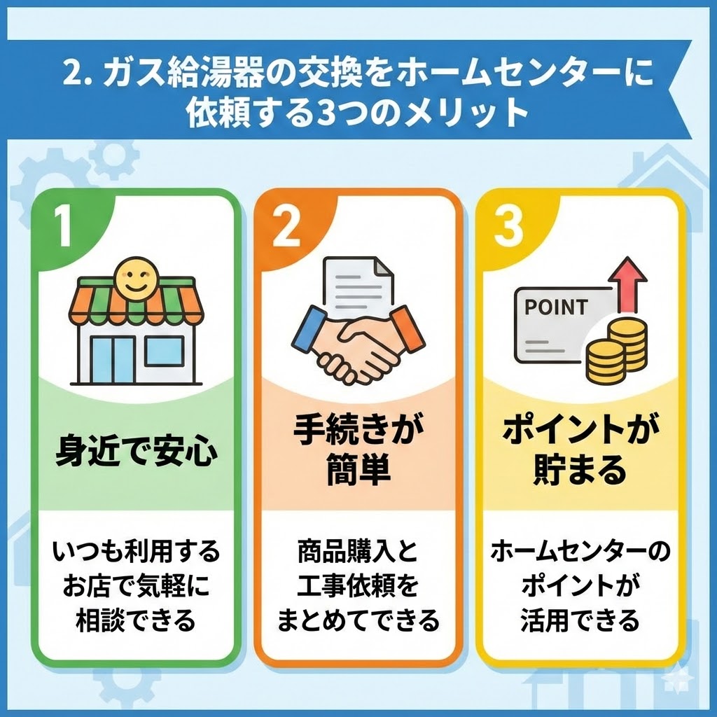 ホームセンターでガス給湯器の交換を依頼する3つのメリットを図解したイラスト。「1.身近で安心」「2.手続きが簡単」「3.ポイントが貯まる」という3つの利点が、アイコンと説明文で分かりやすくまとめられている。