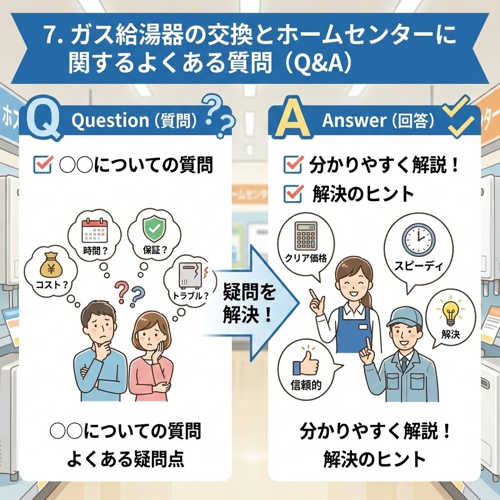 「7. ガス給湯器の交換とホームセンターに関するよくある質問（Q&A）」の図解イラスト。左側の「Question（質問）」では顧客がコスト、時間、保証、トラブルについて悩んでおり、中央の矢印を経て、右側の「Answer（回答）」ではホームセンターのスタッフが「クリア価格」「スピーディ」「信頼的」「解決」と疑問を解決している様子が描かれている。
