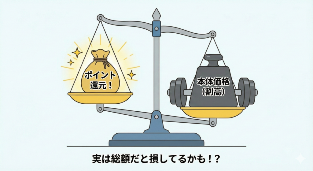 ホームセンターのポイント還元の罠を図解した天秤：見かけのポイントよりも割高な本体価格のほうが重いことを示すイラスト