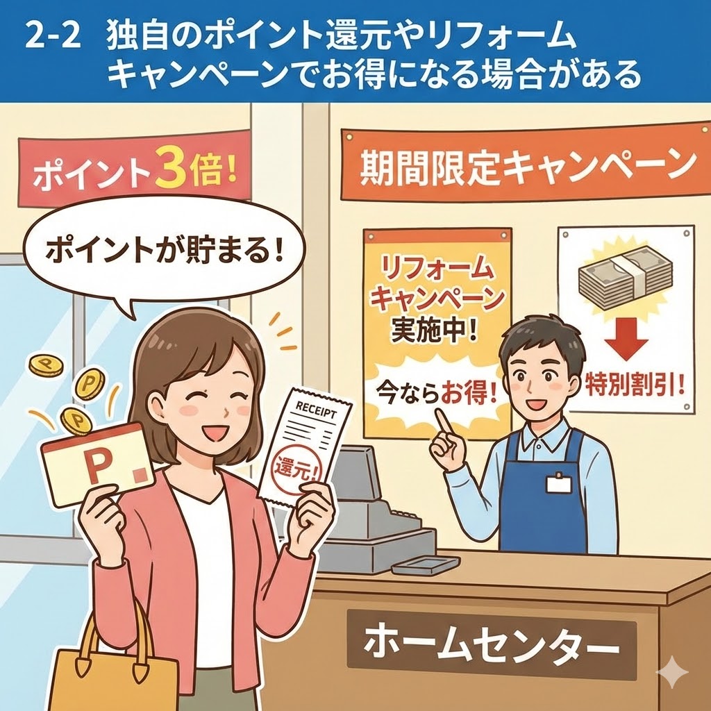 ホームセンターで独自のポイント還元やリフォームキャンペーンによりお得になる様子を描いたイラスト。女性客が「ポイントが貯まる！」と喜び、店員が「リフォームキャンペーン実施中！今ならお得！」「特別割引！」のポスターを案内している。