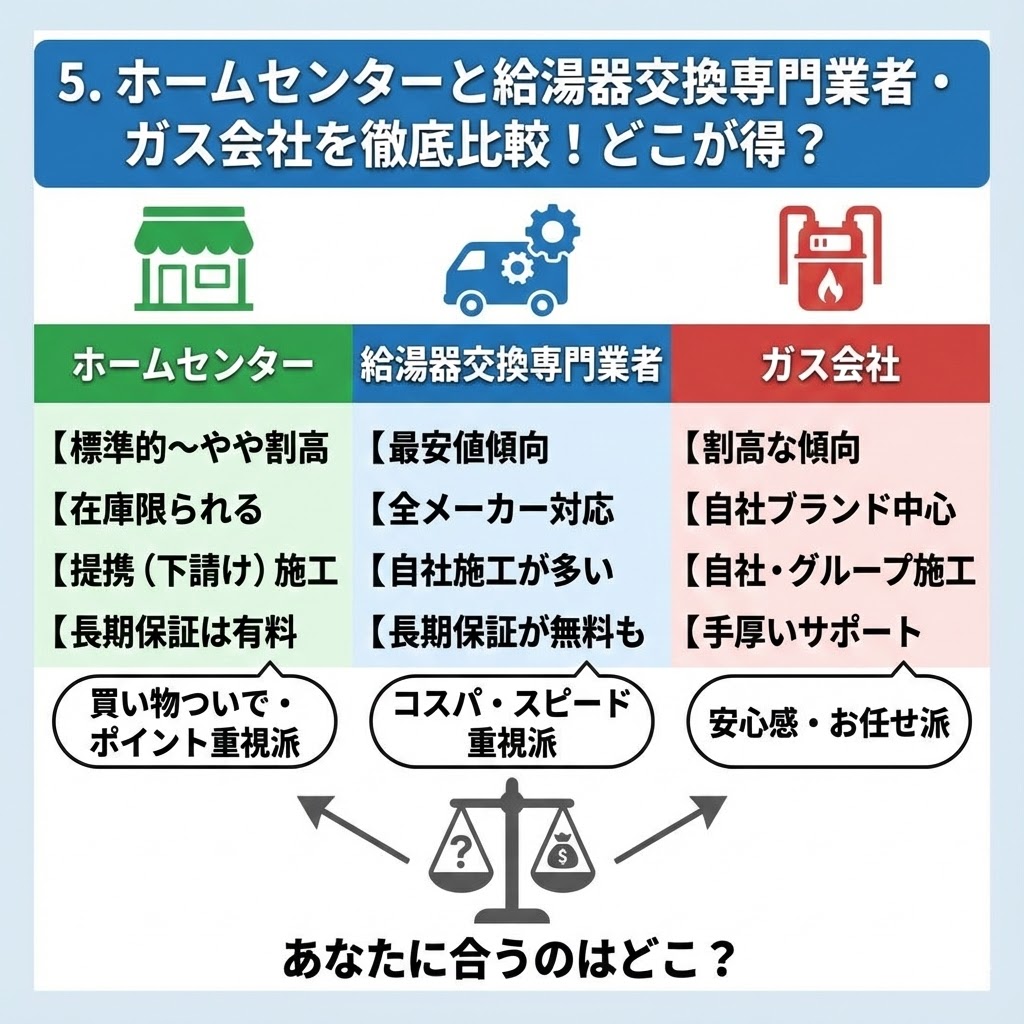 「ホームセンターと給湯器交換専門業者・ガス会社を徹底比較！どこが得？」と題した比較表イラスト。3者の費用、品揃え、施工、保証を比較し、「ホームセンターは標準的〜やや割高でポイント重視派向き」「専門業者は最安値傾向でコスパ・スピード重視派向き」「ガス会社は割高だが手厚いサポートで安心感・お任せ派向き」といったそれぞれの特徴と向いているタイプがまとめられている。